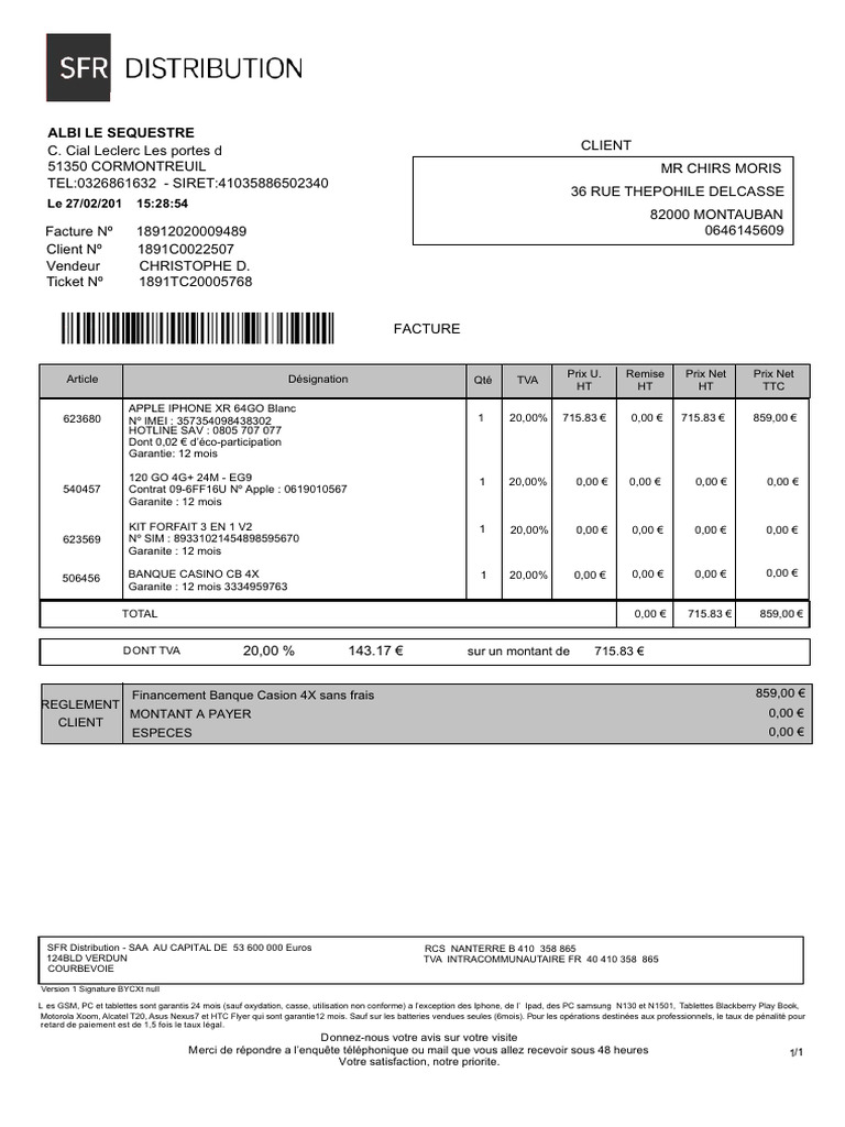 Facture SFR | PDF | Matériel informatique | Électronique grand public