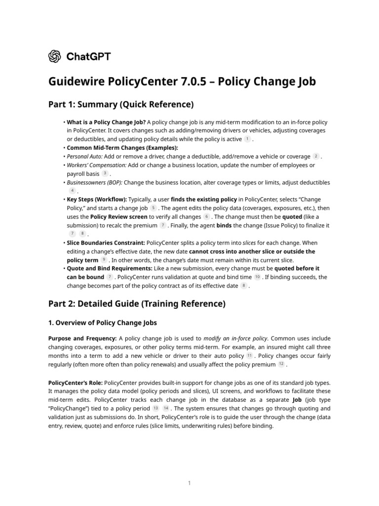 Guidewire PolicyCenter 7.0.5 - Policy Change Job | PDF | Insurance ...