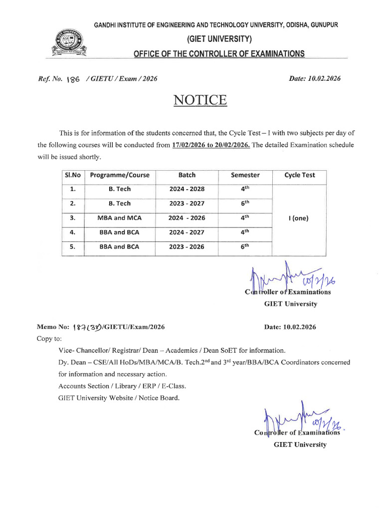 Cycle Test-I Notice | PDF