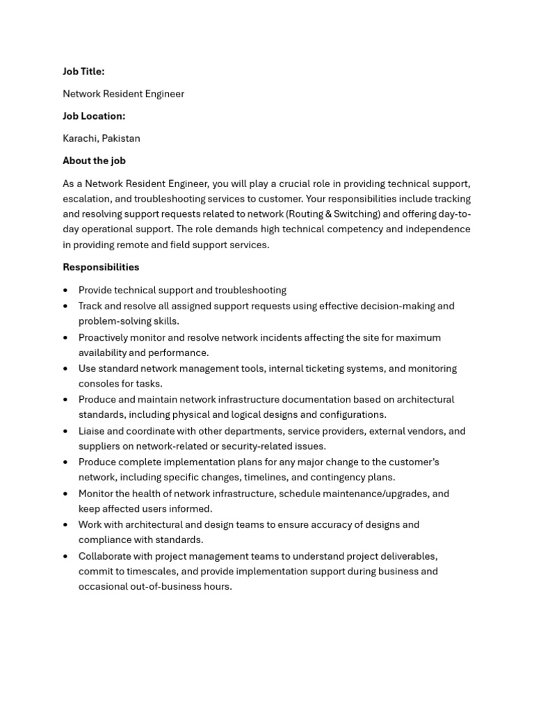 Network Resident Engineer - JD (LI) | PDF | Computer Network | Internet ...