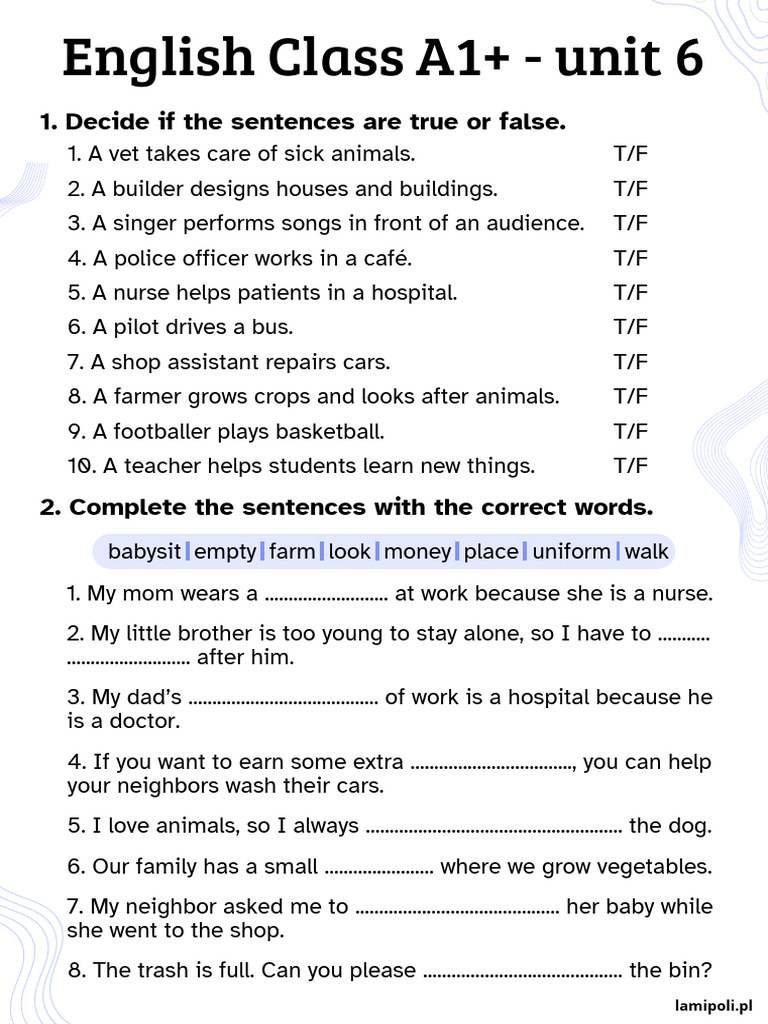 English Class A1 Unit 6 Worksheet | PDF