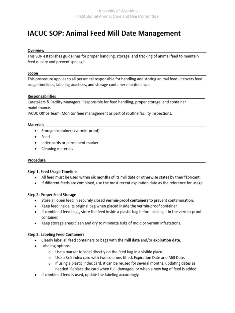 Sop Animal Feed Mill Date MGMT | PDF