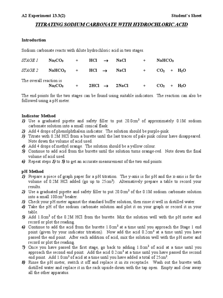 A2 Expt 13.3(2) Titrating Sodium Carbonate With Hydrochloric Acid