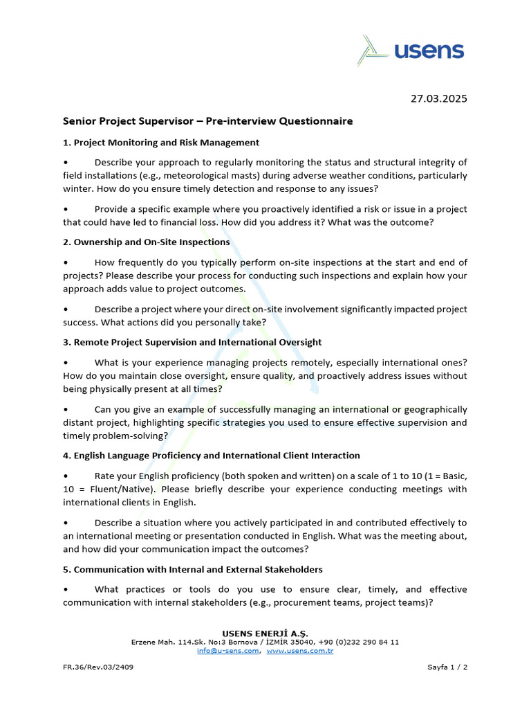 Senior Project Supervisor - Pre-Interview Questionnaire | PDF | Business