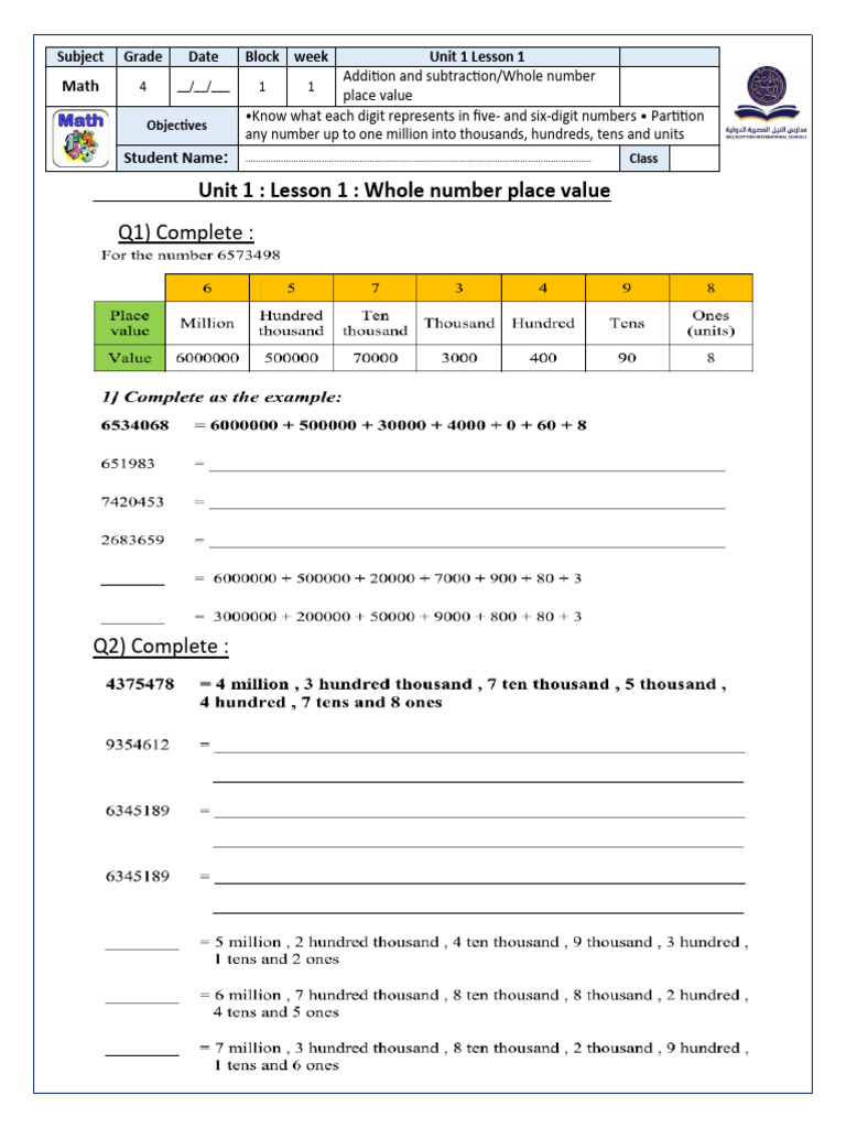 Grade4 - Maths - B1 - W1 - WorkSheet - 1 | PDF | Numbers