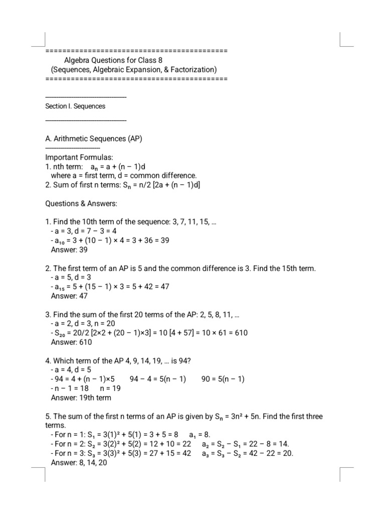 Algebra Questions For Class 8 | PDF | Number Theory | Mathematics