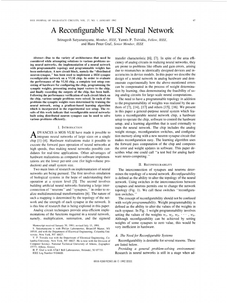 A Reconfigurable VLSI Neural Network | PDF | Operational Amplifier ...