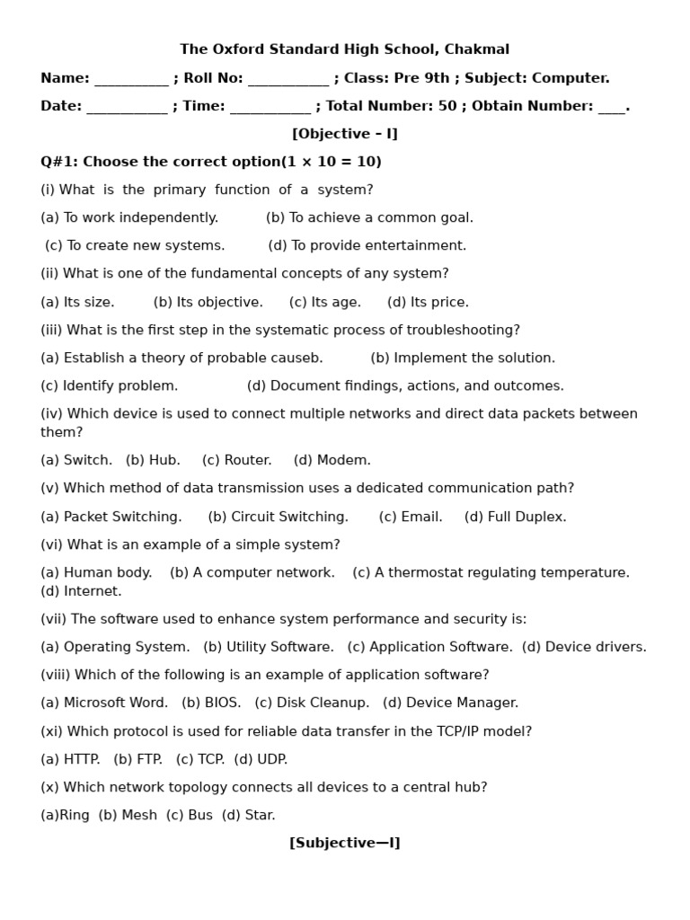 Pre 9th Computer Paper Final 2026 | PDF | Computer Network | Network ...