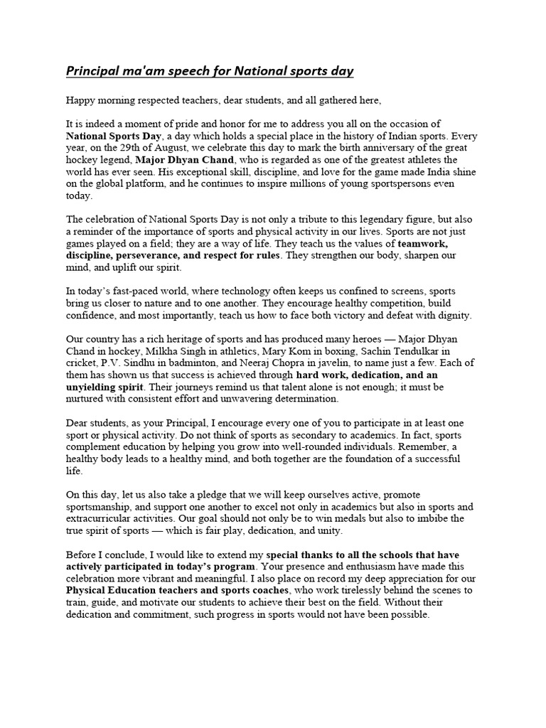 Principal Ma'Am Speech For National Sports Day | PDF | Sports