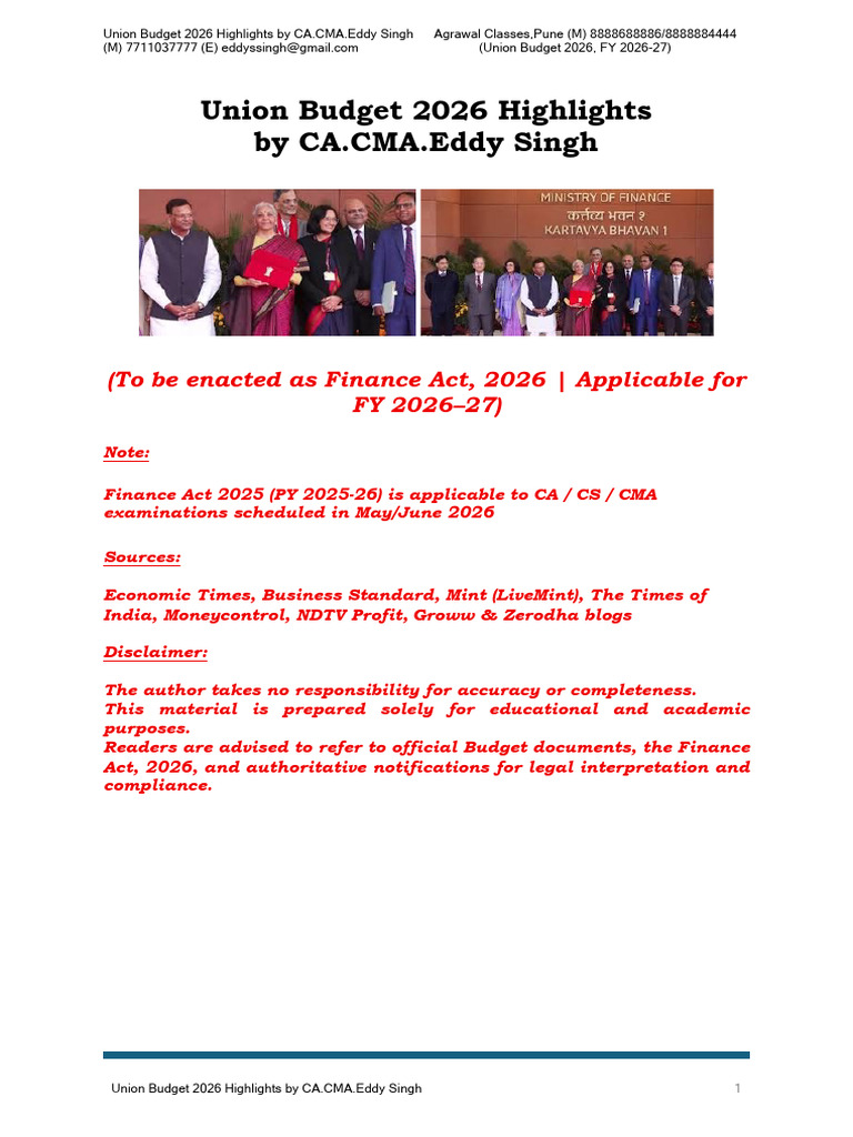 Union Budget 2026 Highlights by CA - CMA.Eddy Singh | PDF | Taxes ...