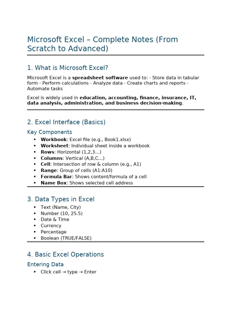 Complete Microsoft Excel Notes (Beginner To Advanced) | PDF | Microsoft ...