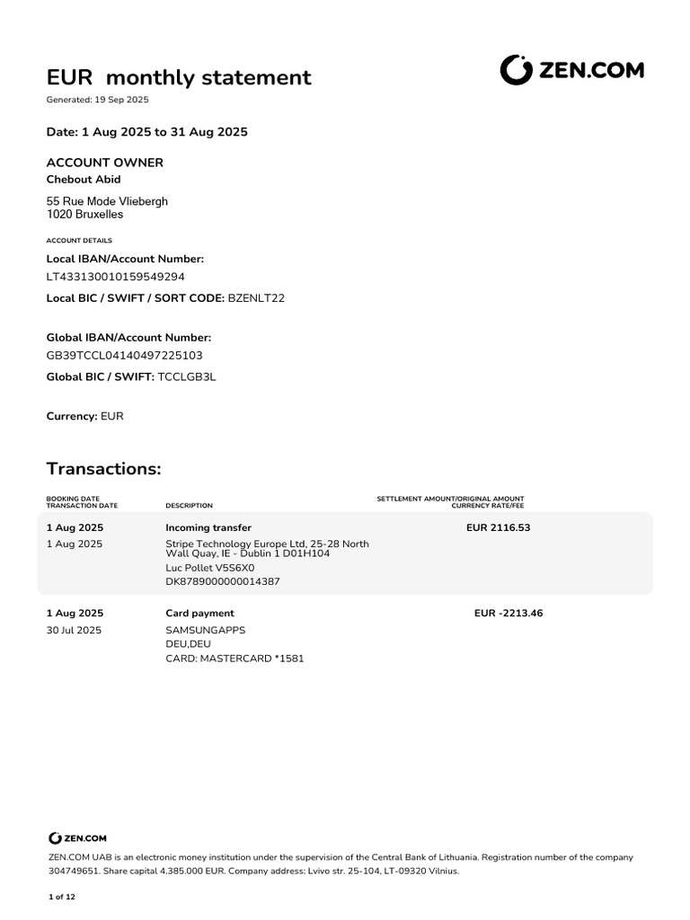 Account Statement EUR 2025 08 | PDF | Payments | Master Card