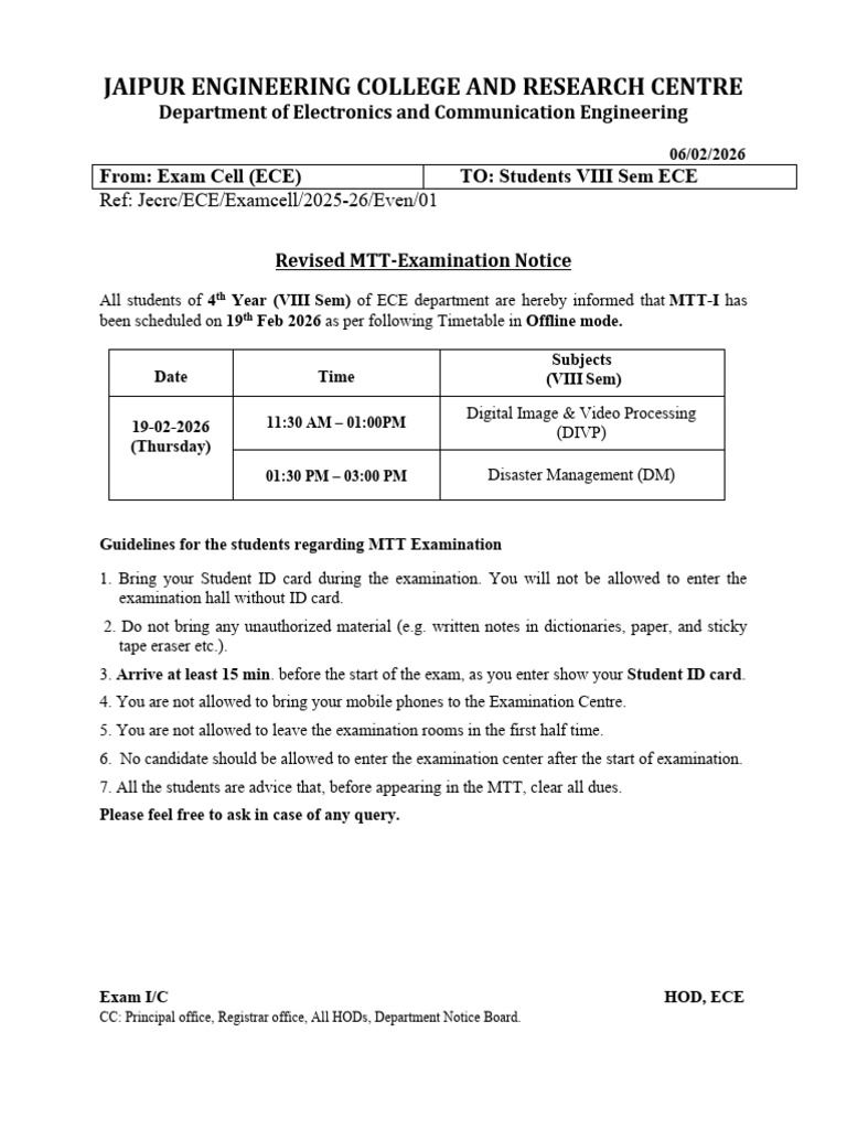 Time-Table & Notice For MTT-I VIII Sem 2025-26 Revised | PDF