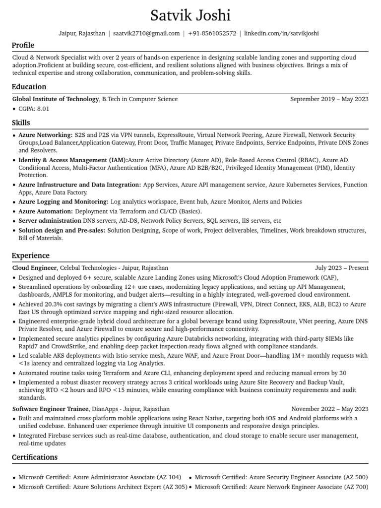 Satvik Azure Resume | PDF | Microsoft Azure | Cloud Computing