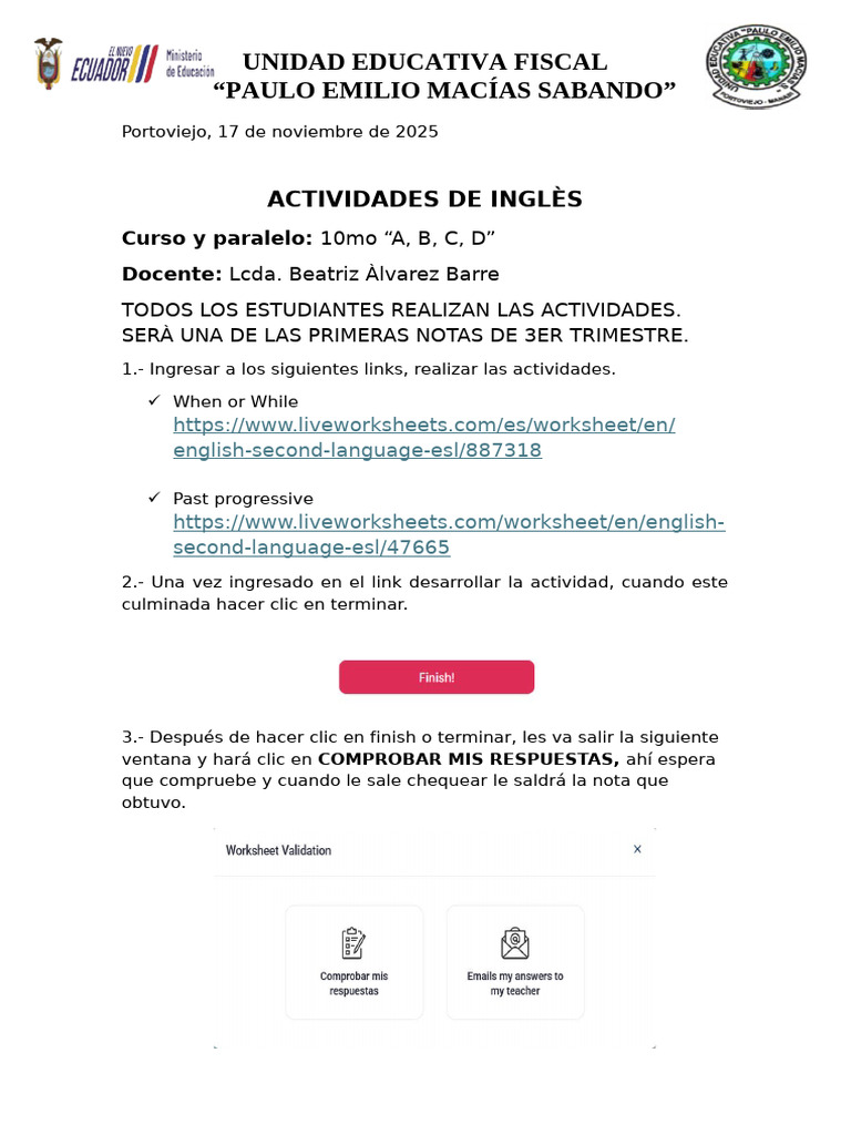 ACTIVIDADES ASINCRÓNICAS INGLES 10mo | PDF