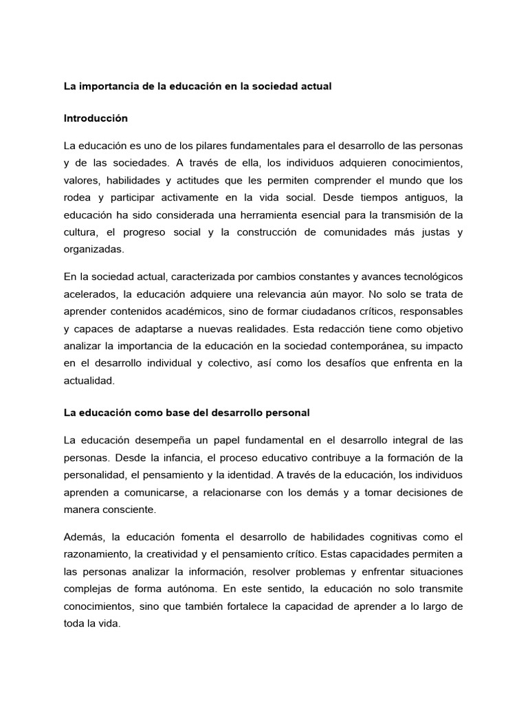 La Importancia de La Educación en La Sociedad Actual | PDF | Sociedad ...