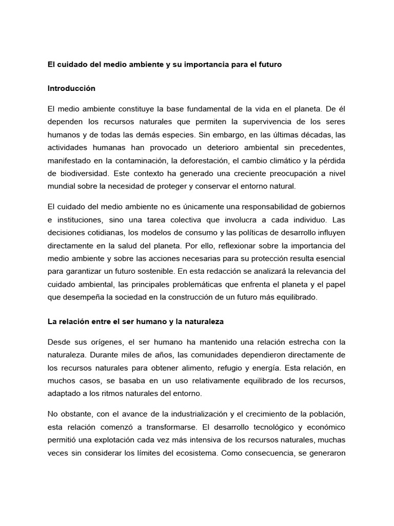 El Cuidado Del Medio Ambiente y Su Importancia para El Futuro | PDF ...