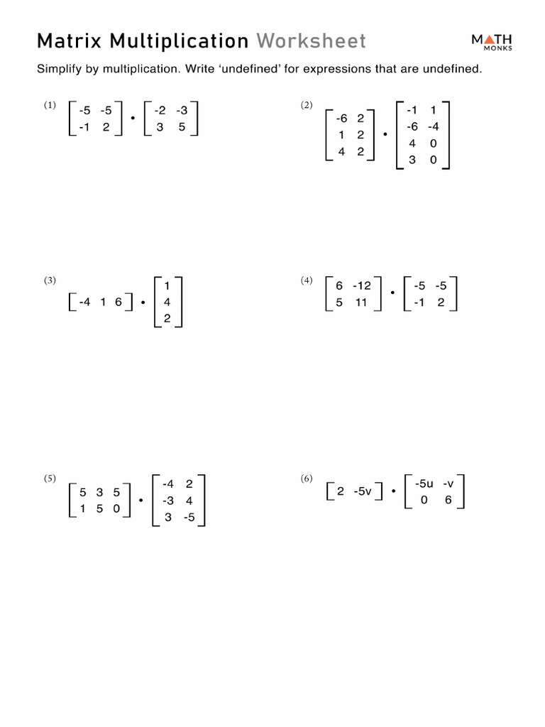 Matrix Multiplication Worksheet Algebra 2 | PDF