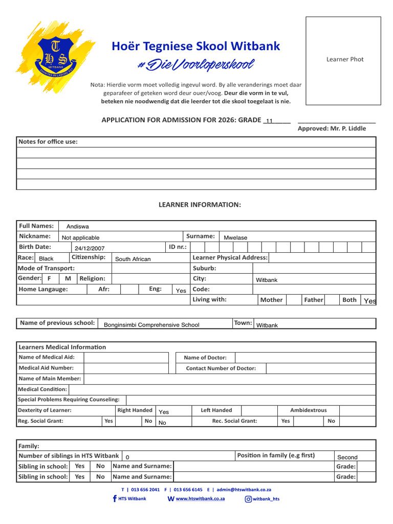 Application Form GR 8 2026 | PDF | Human Development | Kinship And Descent