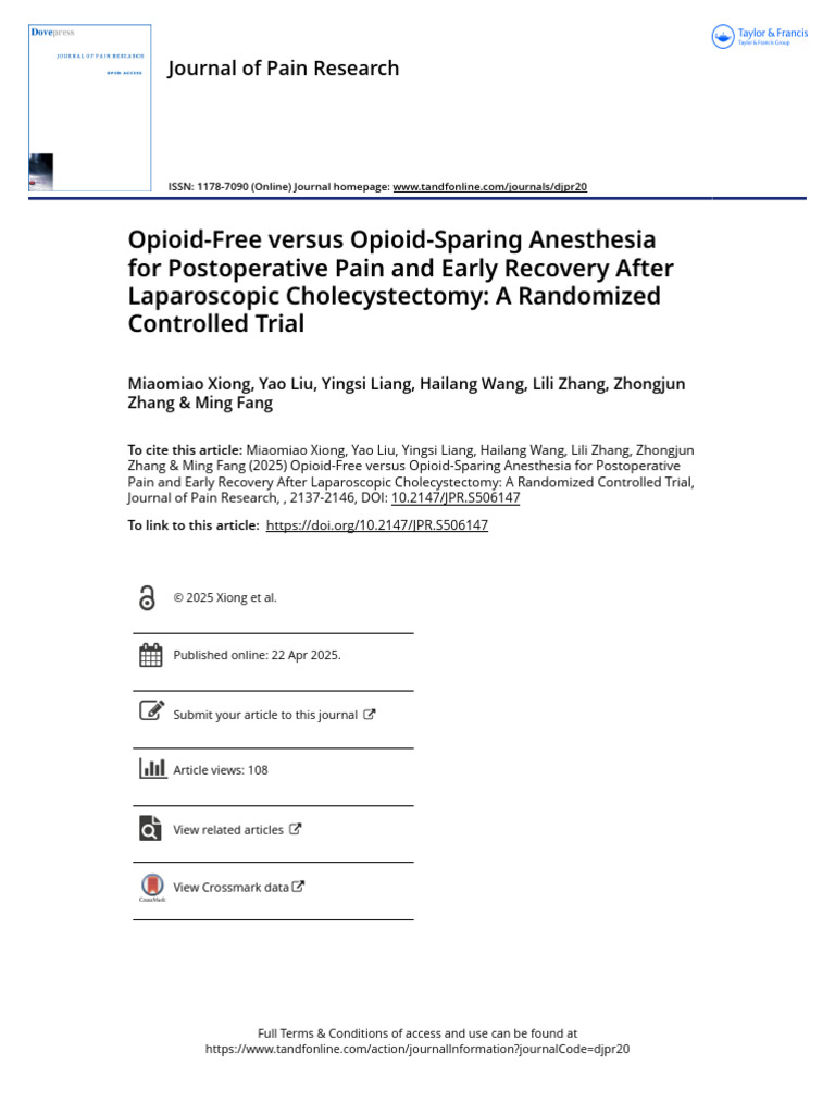 Opioid-Free Versus Opioid-Sparing Anesthesia for Postoperative Pain and ...