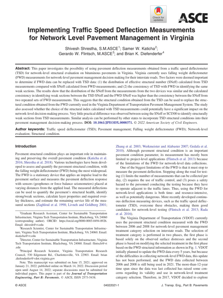 Shrestha Et Al 2022 Implementing Traffic Speed Deflection Measurements ...