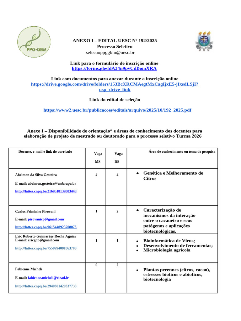 Anexo I Quadro - Vagas - Docen 2026 | PDF | Biologia | Ciências da Vida