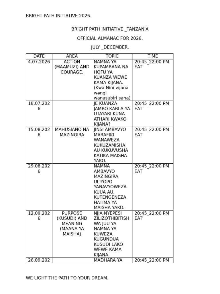 Bright Path Initiative Tanzania Almanac for 2026 July to December | PDF