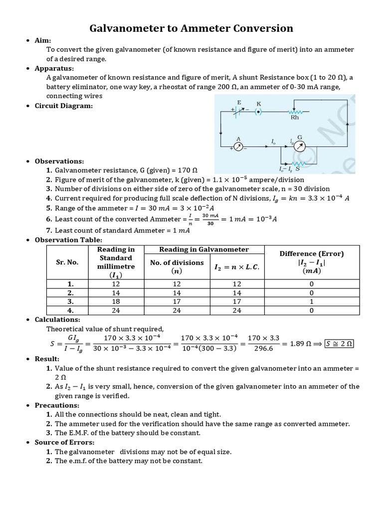 Electrical Experiment-5- Galvanometer to Ammeter | PDF | Electrical ...