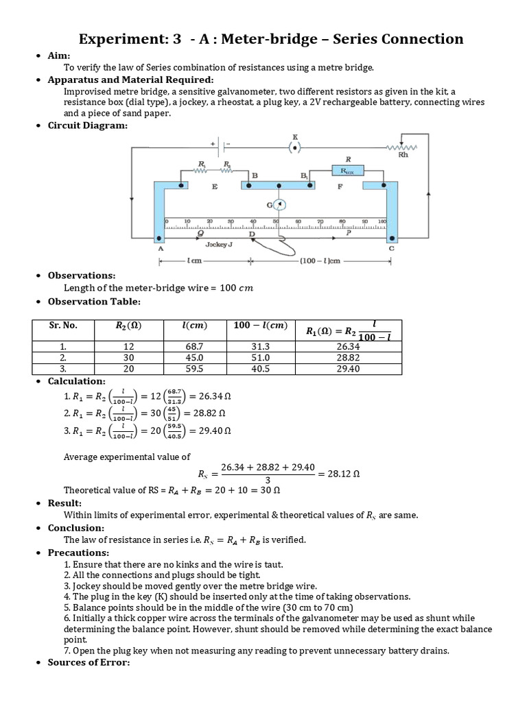 Electrical Experiment-3A - Meter Bridge - Series Connection | PDF ...