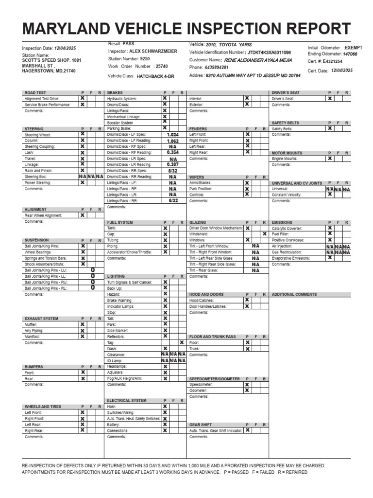 Inspection 201o Toyota Yaris | PDF | Steering | Brake