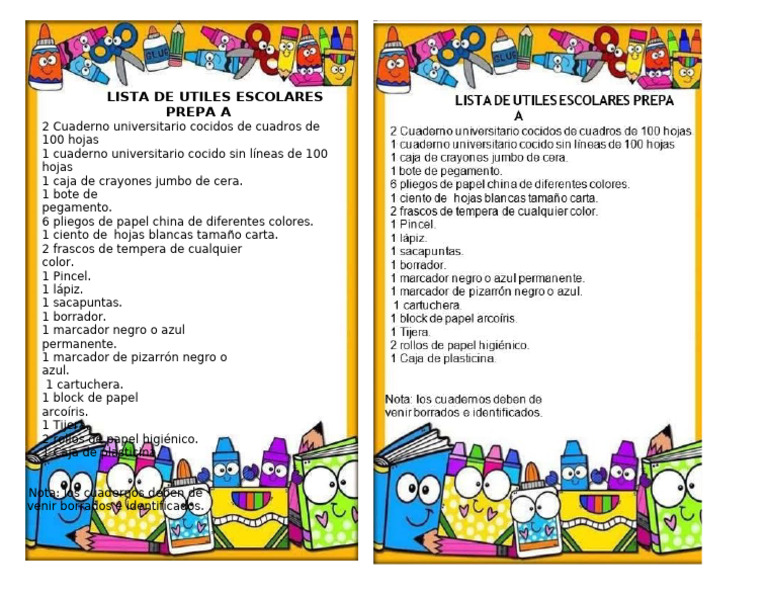 Lista de Utiles Escolares Parvulos 3 | PDF
