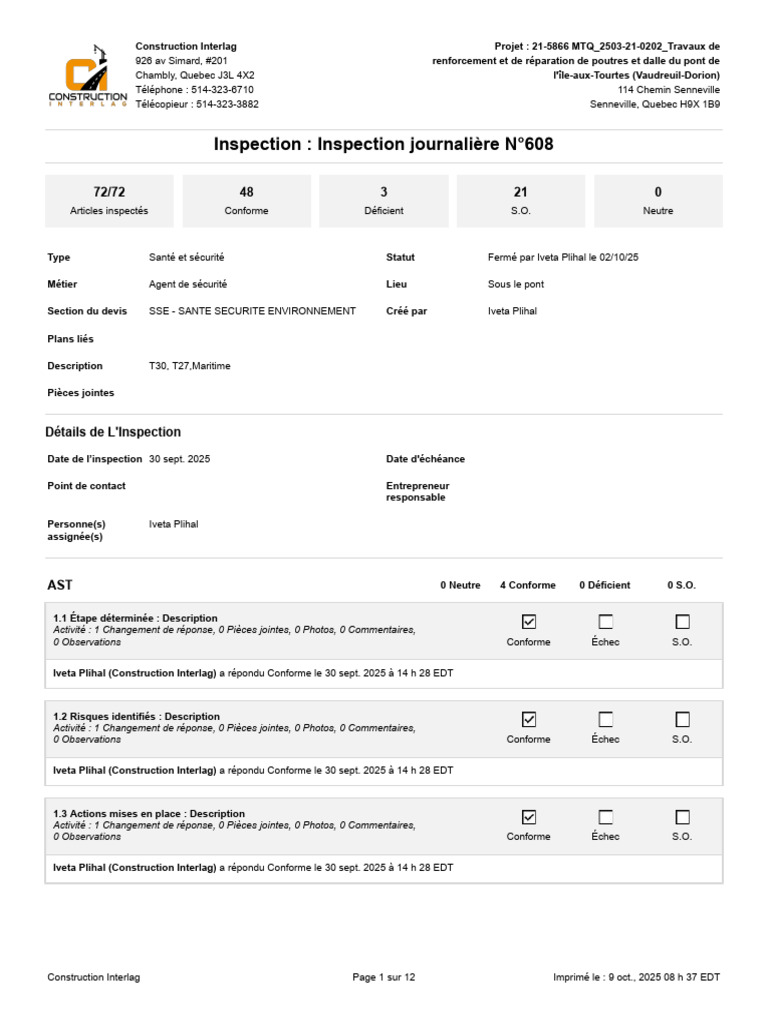Exemple Procore Inspection | PDF | Sécurité | Équipement