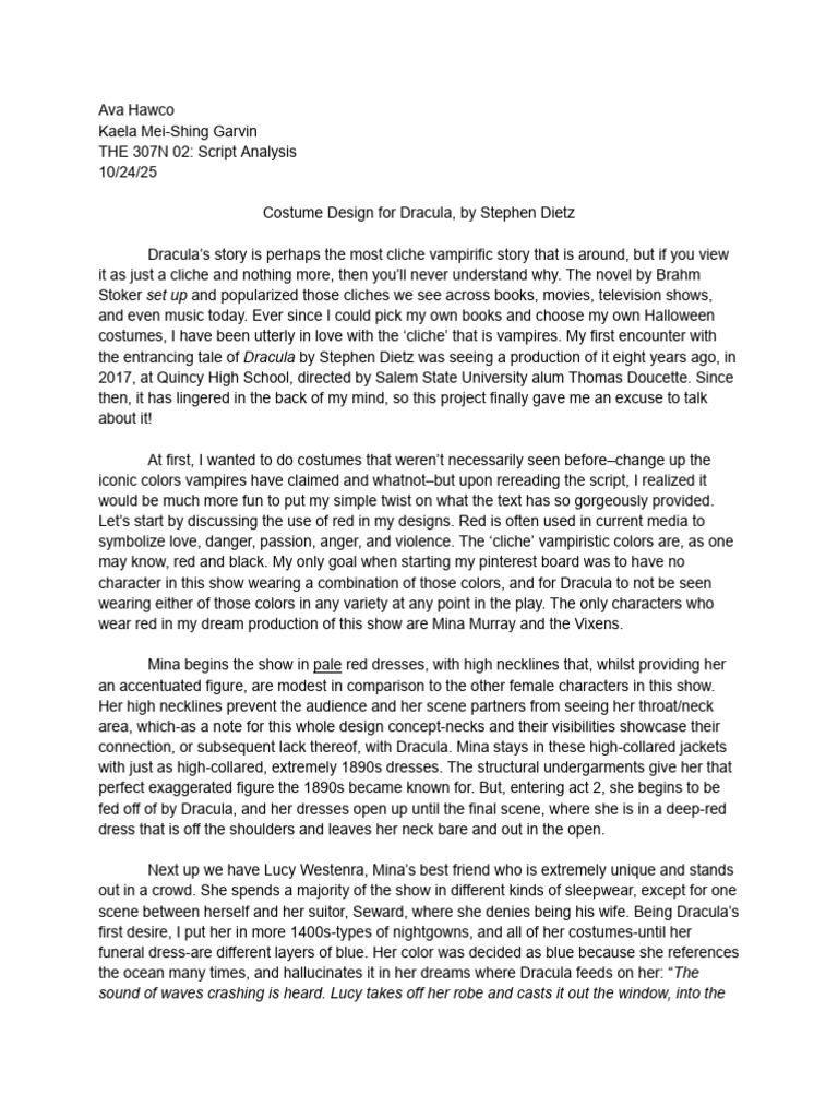 Script Analysis Midterm Paper, Hawco, Ava | PDF | Count Dracula | Mina ...