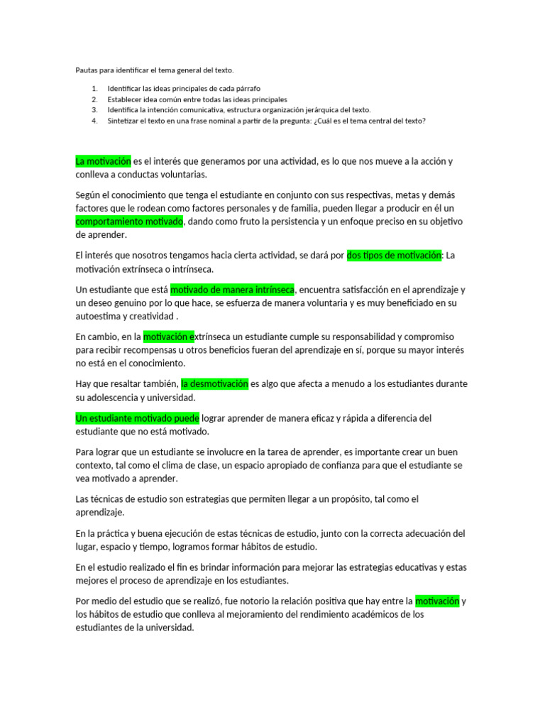 Pautas para Identificar El Tema General Del Texto | PDF | Motivacional ...