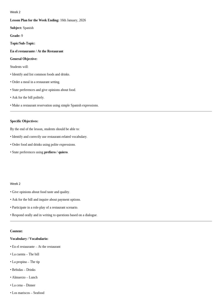 Week 2 Spanish (Grade 9 C & E) (2) | PDF | Restaurants | Cooking