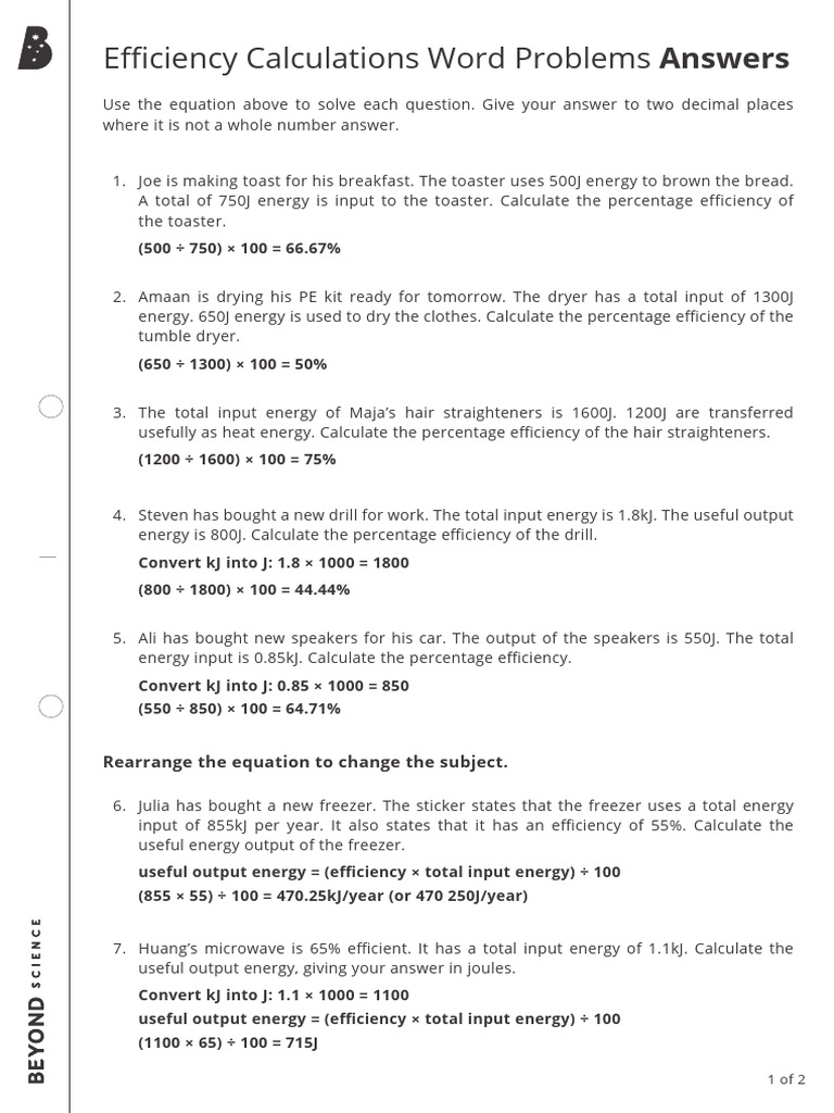 Efficiency Calculations Word Problems - Answers | PDF