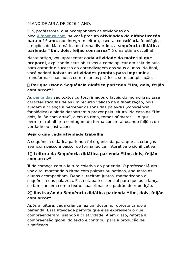 Plano de Aula de 2026 1 Ano | PDF | Alfabetização | Linguística