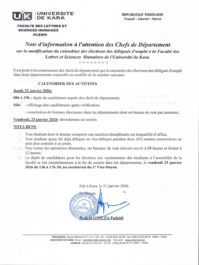Note d'Information Modifiant Le Calendrier Des Élections Des Délégués d ...
