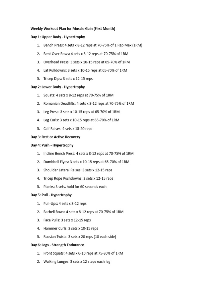 Weekly Workout Plan for Muscle Gain | PDF