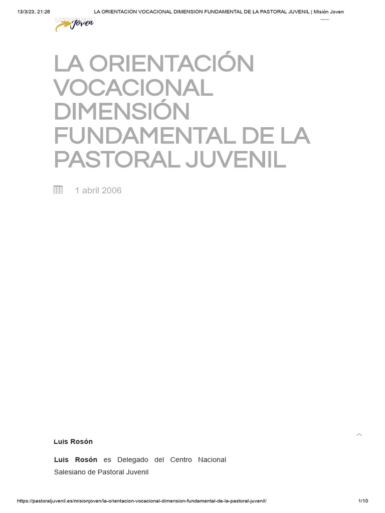 LA ORIENTACIÓN VOCACIONAL DIMENSIÓN FUNDAMENTAL DE LA PASTORAL JUVENIL ...