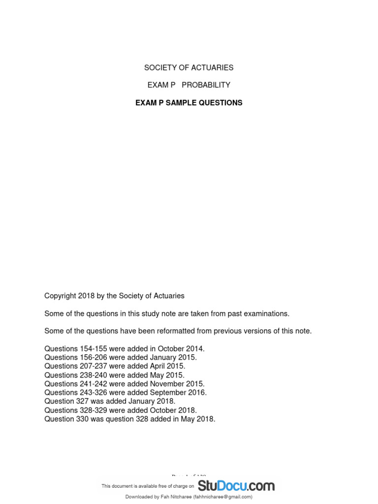 Exam P Soa Sample Questions | PDF | Deductible | Insurance