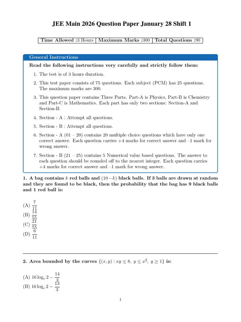 Jee Mains 2026 28 Shift 1 Official Memory Based 1 | PDF | Chemistry