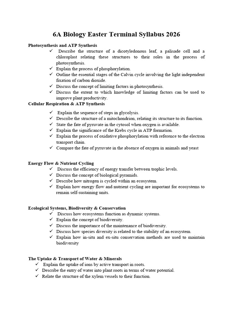 6A Biology Easter Terminal Syllabus 2026 | PDF | Ecosystem | Biology
