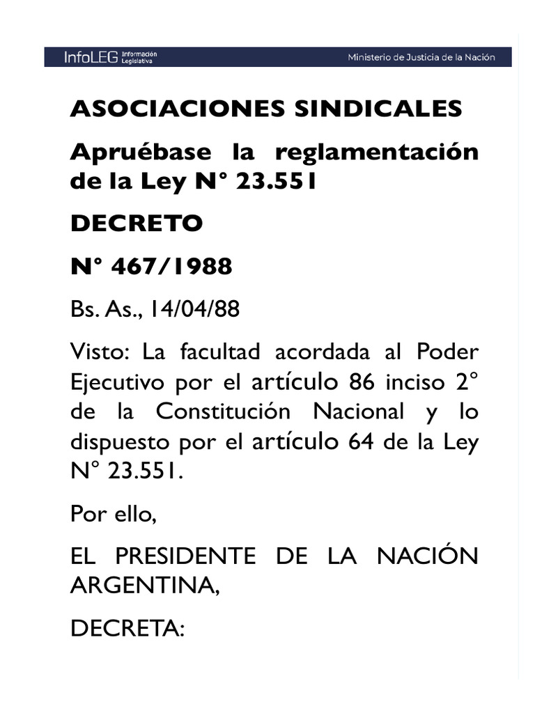 DECRETO 467:1988 | PDF | Sindicato | Votación