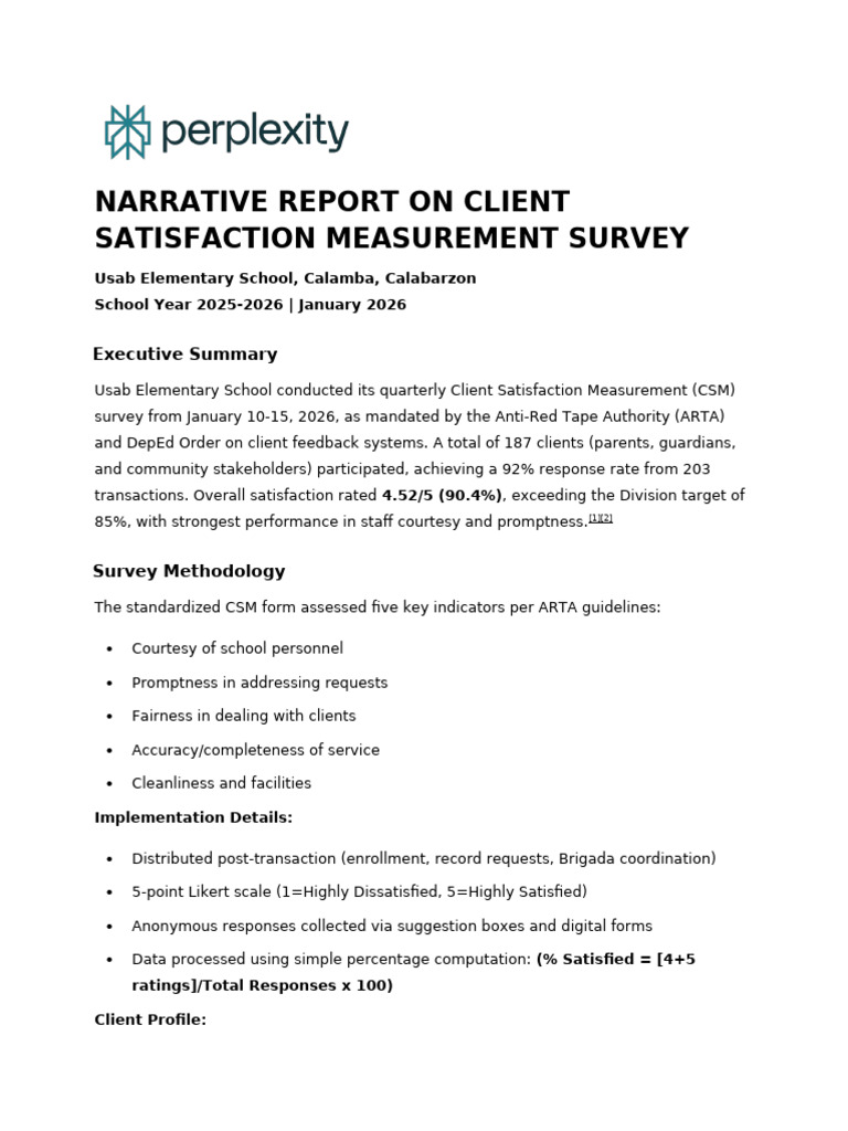 Narrative Report On Client Satisfaction Measurem | PDF