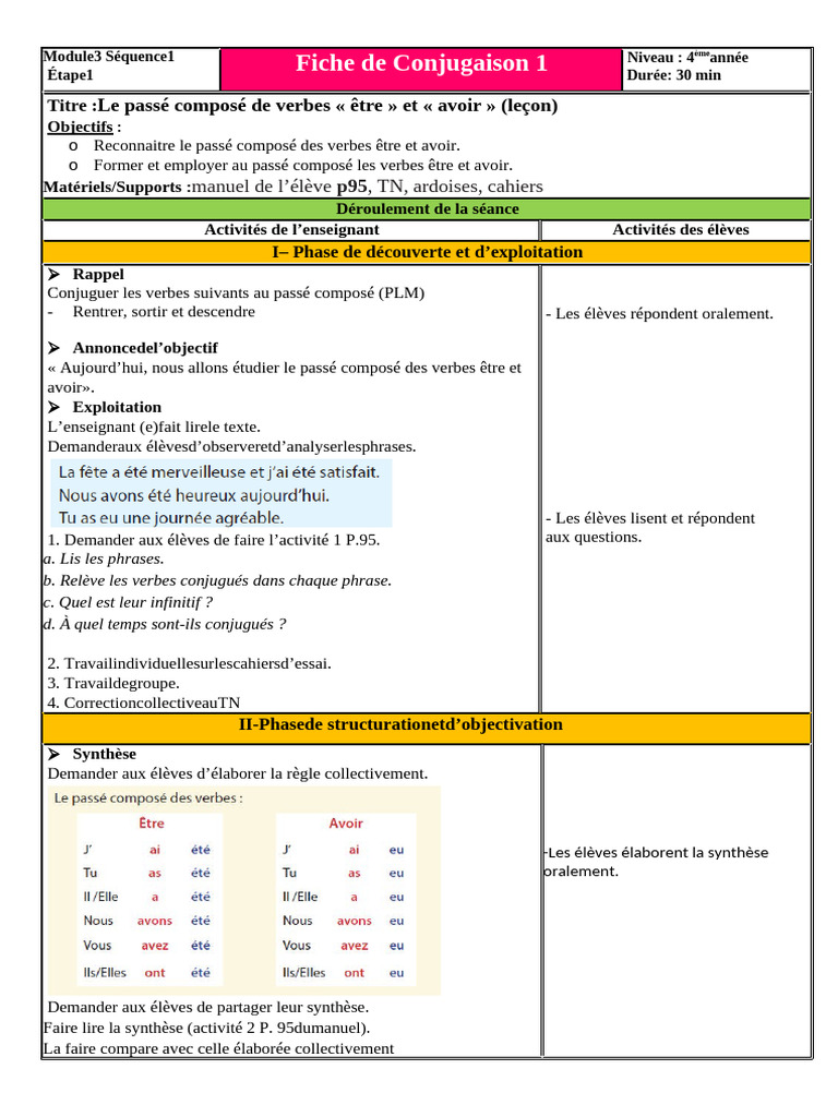 Fiche de Conjugaison 1 M3 S1 | PDF | Relations syntaxiques | Linguistique