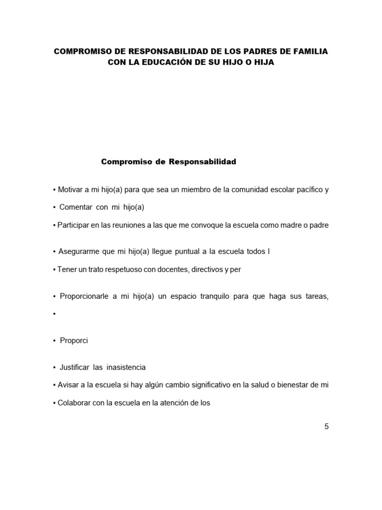 COMPROMISO DE RESPONSABILIDAD DE LOS PADRES DE FAMILIA CON LA EDUCACIÓN ...