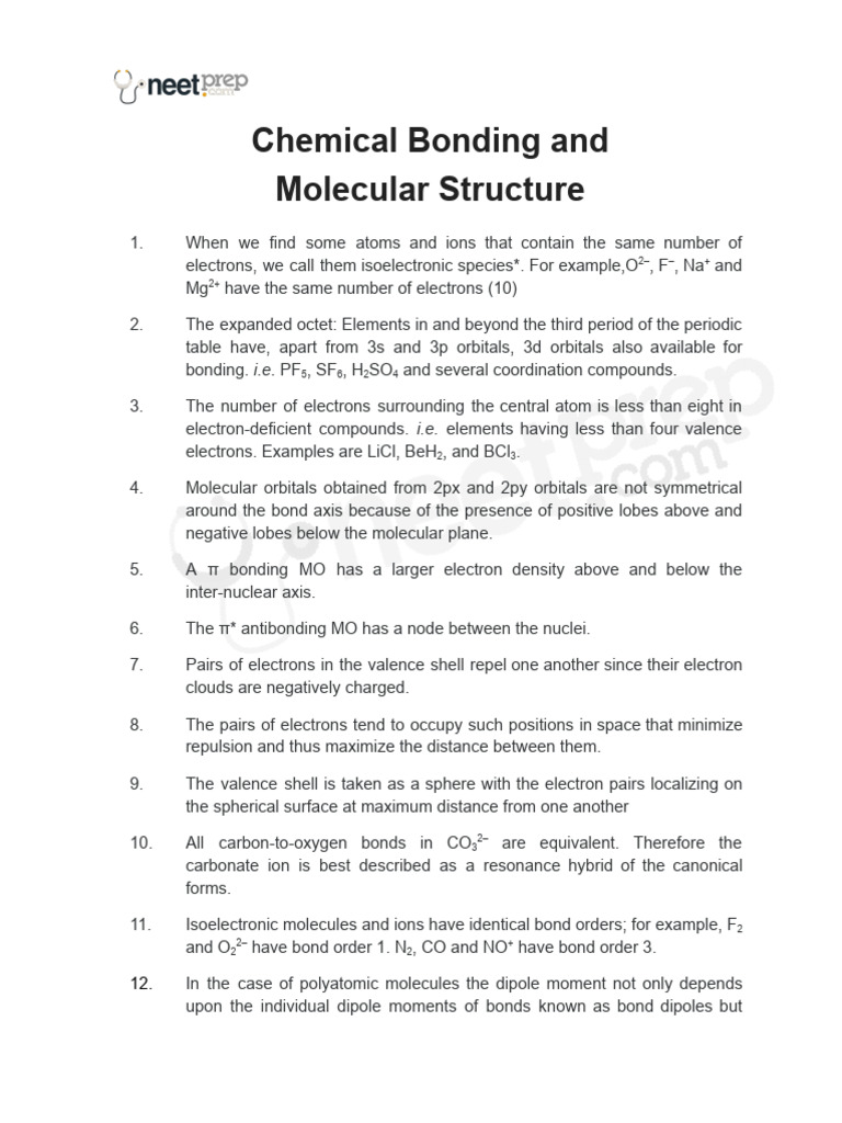 Chemical Bonding and Molecular Structure - NCERT Lines | PDF | Chemical ...