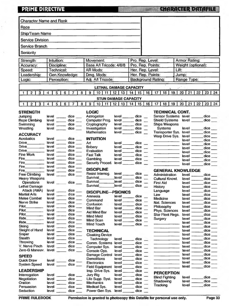 Prime Directive RPG - Character Sheet | PDF