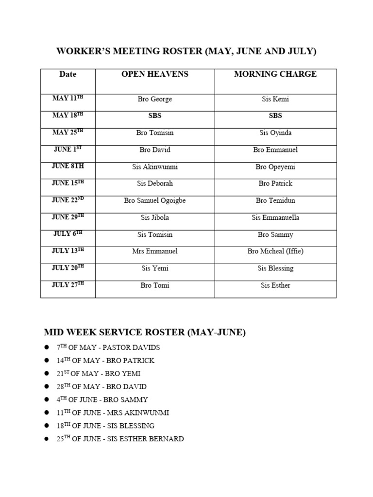 Worker's Meeting Roster (May - July) | PDF